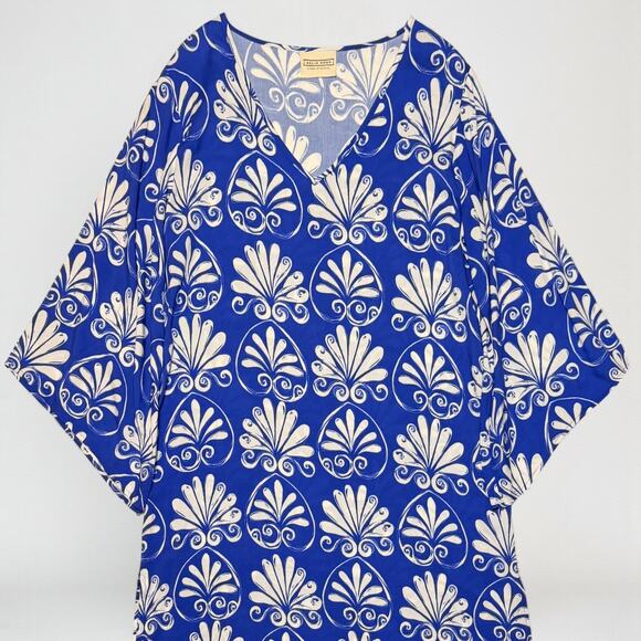 Aelia Anna Greek Print Kaftan Blue White Maxi Dress VNeck Resort Cruise One Size - Picture 5 of 9